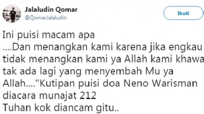 Kontroversi puisi Neno Warisman di acara Munajat 212. (Twitter)