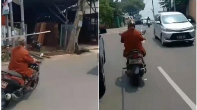 Kakek Ini Naik Motor Bawa Besi Siku Panjang, Bikin Cemas