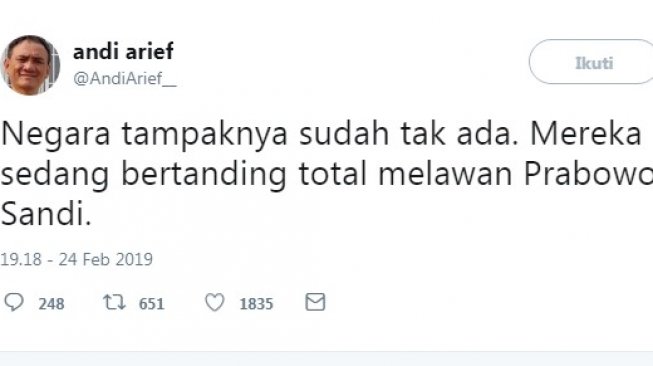 Cuitan Andi Arief soal negara yang melawan Prabowo-Sandi (Twitter)