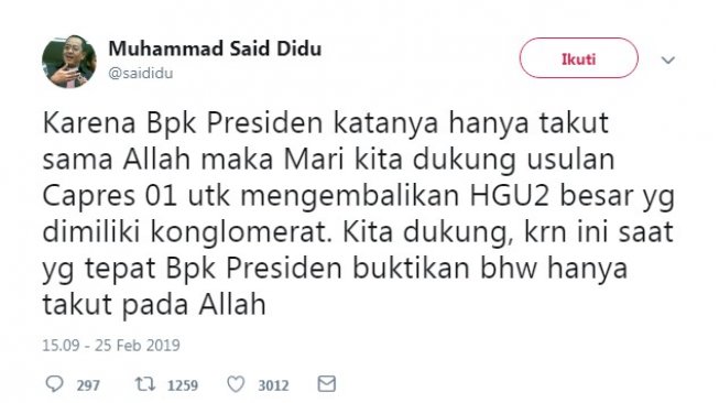 Cuitan Said Didu minta Jokowi Sahkan Perpu HGU (Twitter)