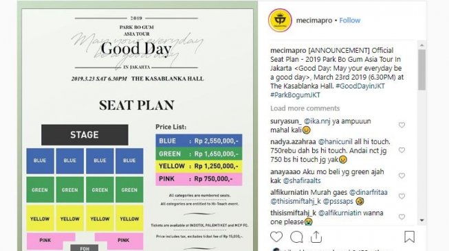 Detail harga fan meeting Park Bo Gum di Jakarta. [instagram/mecimapro]