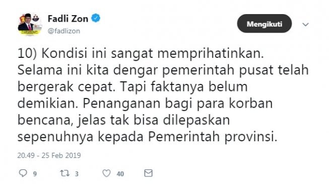 Cuitan Fadli Zon soal kondisi pengungsian korban gempa dan tsunami di Palu (Twitter)