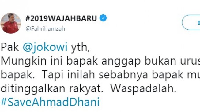 Kicauan Fahri Hamzah soal penahanan Ahmad Dhani (Twitter)