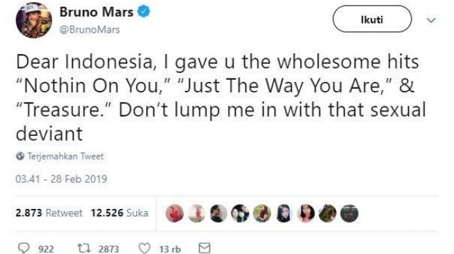 Bruno Mars menanggapi keputusan KPID Jabar soal pembatasan penayangan lagu miliknya. [Twitter/BrunoMars]