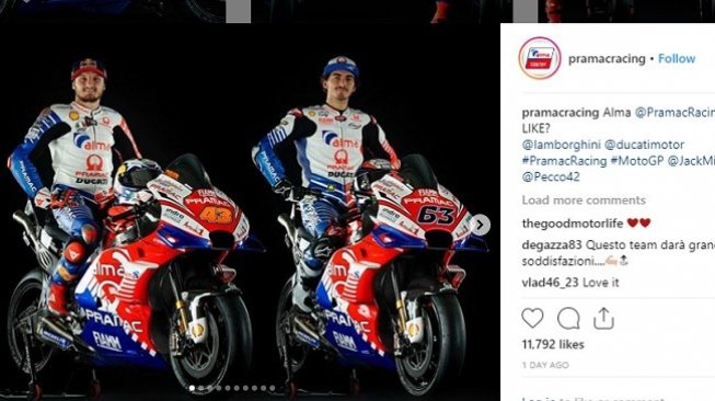 Peluncuran motor tim Alma Pramac Racing menghadapi kejuaraan MotoGP 2019. [Instagram@pramacracing]