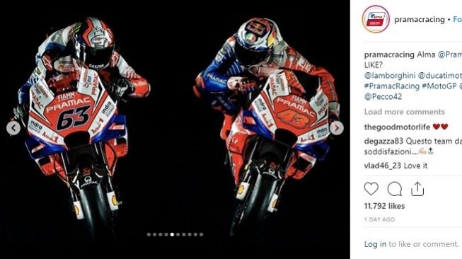 Peluncuran motor tim Alma Pramac Racing menghadapi kejuaraan MotoGP 2019. [Instagram@pramacracing]