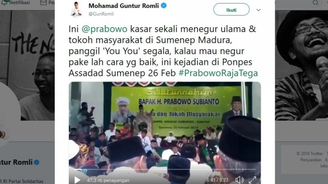 Cuitan politisi PSI Mohammad Guntur Romli soal Prabowo. (Twitter)