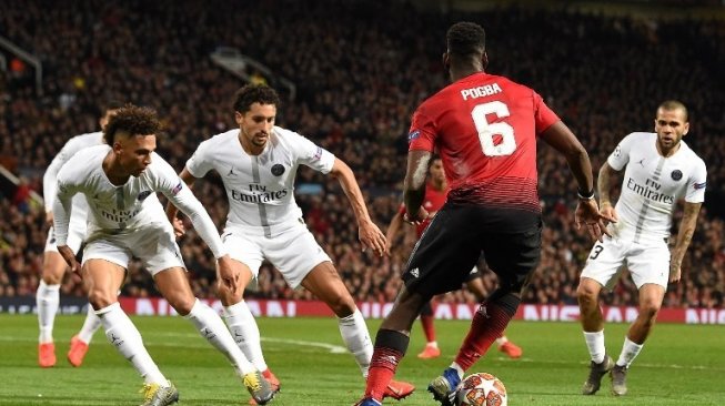 Laga PSG vs Manchester United di leg pertama babak 16 besar Liga Champions pada 12 Februari 2019. (Paul Ellis/AFP)