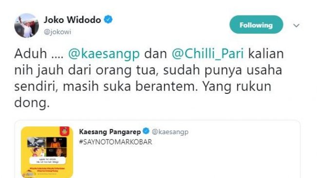 Tweet Jokowi untuk Kaesang. [Twitter]