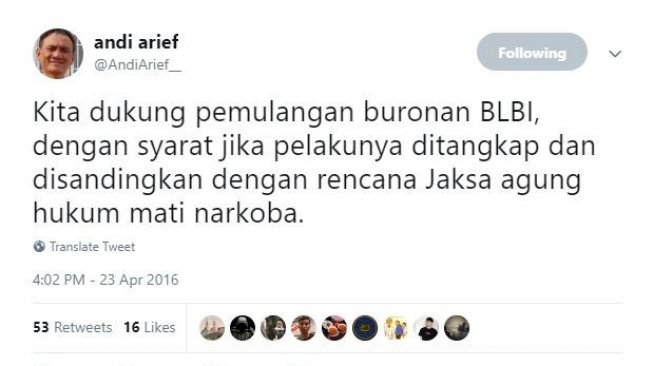 Tweet Andi Arief soal hukum mati narkoba. [Twitter]