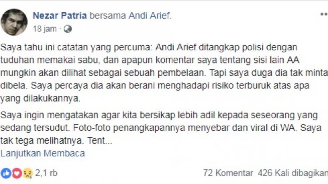 Curahan hati kawan seperjuangan aktivis 98 terkait penangkapan Andi Arief (Facebok)