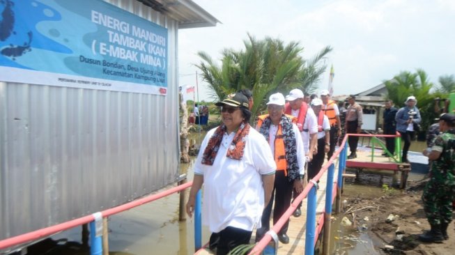 Menteri Lingkungan Hidup dan Kehutanan (LHK), Siti Nurbaya, meresmikan Program Energy Mandiri Surya Angin (E-Mas Bayu) & Energy Mandiri Tambak Ikan(E-Mbak Mina) dari Pertamina (Persero) Refinery Unit IV (Pertamina RU IV) Cilacap di Dusun Bondan, Desa Ujung Alam, Kecamatan Kampung Laut, Kabupaten Cilacap, Jawa Tengah. (Dok: KLHK)