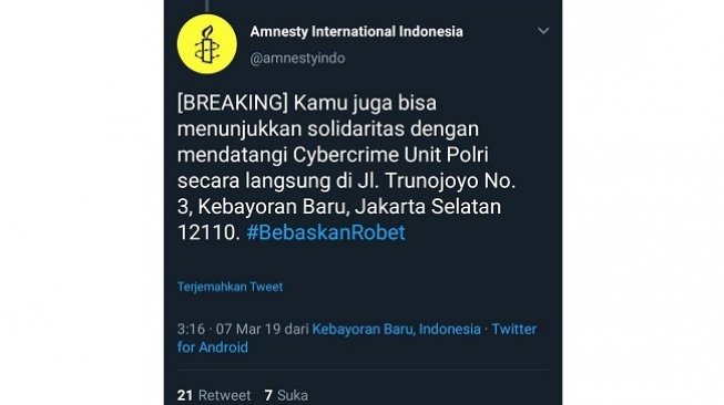 Cuitan Amnesty International Indonesia soal penangkapan Albertus Robet. (Twitter)