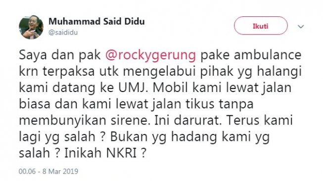 Naik Ambulans Hadiri Acara, Said Didu: Ini Darurat, Kami Lagi yang Salah?