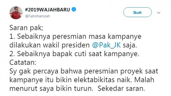 Wakil Ketua DPR RI Fahri Hamzah menyindir Presiden Joko Widodo yang dinilai gemar meresmikan proyek di masa kampanye Pilpres 2019. (Twitter)