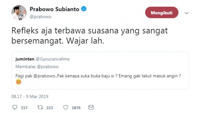 Akun twitter @prabowo membalas pertanyaan warganet.