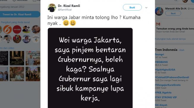 Ridwan Kamil Sibuk Kampanye, Rizal Ramli: Pinjem Gubernur Jakarta Boleh?