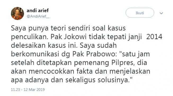 Andi Arief Klaim Prabowo Cari Fakta Pelanggaran HAM, 1 Jam Setelah Menang