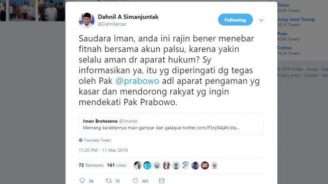 Tweet Juru Bicara Badan Pemenangan Nasional Dahnil Anzar Simanjuntak. (Twitter)