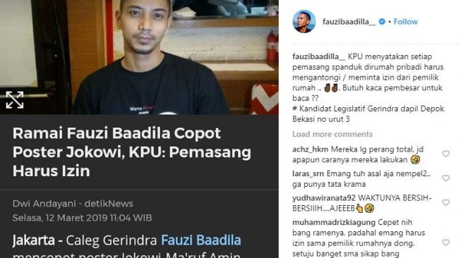 Pembelaan Fauzi Baadilla soal aksinya mencopot poster Jokowi - Ma'ruf Amin. [instagram/fauzibaadilla__]