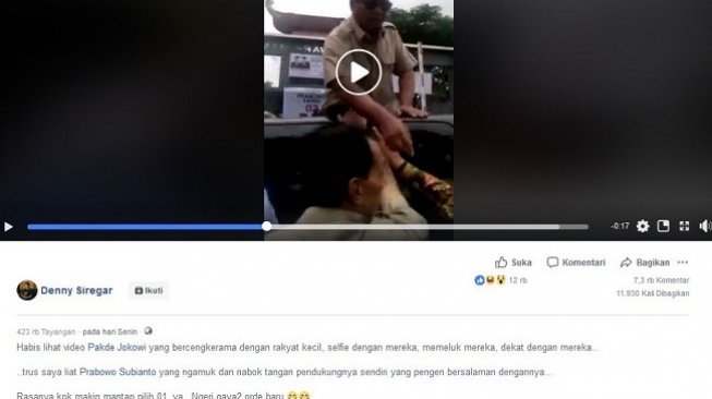 Video viral Prabowo yang disebut tabok tangan pendukungnya sendiri. (Facebook)