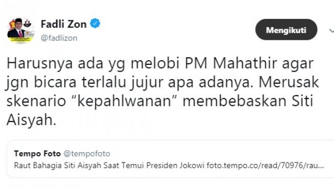 cuitan Fadli Zon soal pembebasan Siti Aiysah (Twitter)