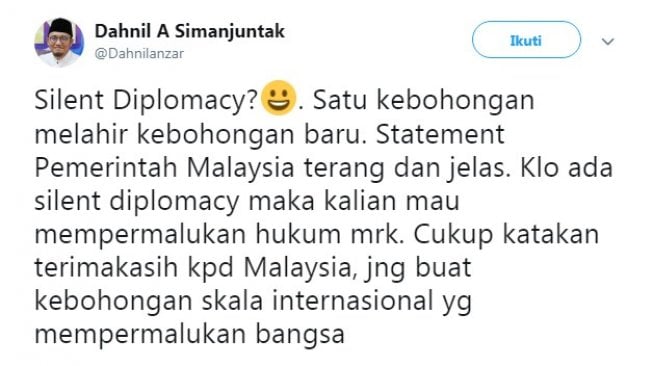 cuitan Dahnil Anzar soal silent diplomacy pembebasan Siti Aisyah (Screenshot Twitter)