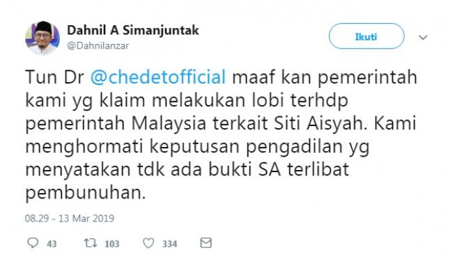 Dahnil ke Mahathir: Maafkan Pemerintah Kami Klaim Lobi Bebaskan Siti Aisyah