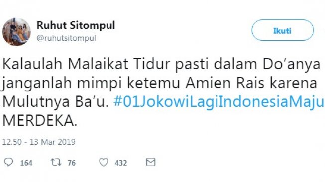 cuitan Ruhut Sitompul yang sindir Amien Rais (screenshot Twitter)