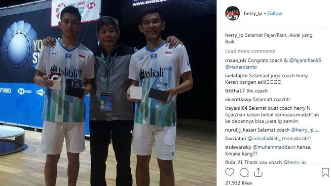 Herry IP yang dijuluki Coach Naga Api mengapresiasi prestasi anak didiknya, Fajar Alfian/Muhammad Rian Ardianto, menjuarai Swiss Open 2019. [Instagram@herry_ip]