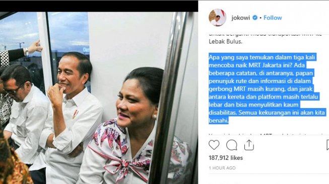 Presiden Jokowi Ungkap MRT Belum Ramah Terhadap Kaum Disabilitas