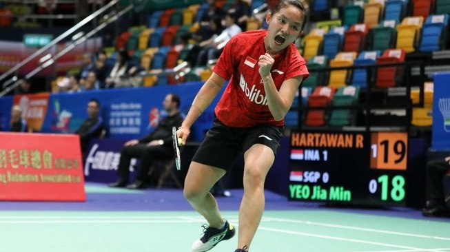 Pebulutangkis tunggal putri, Ruselli Hartawan, turut membantu Indonesia lolos ke semifinal Tong Yun Kai Cup 2019 dengan menundukkan Singapura, 3-0, pada babak perempat final, Jumat (22/3). [Humas PBSI]