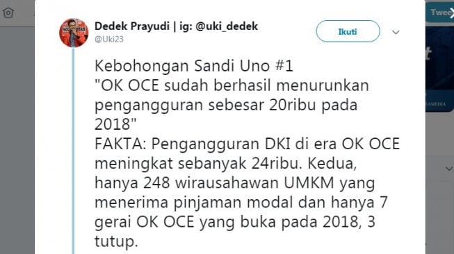 PSI Bongkar 2 Kebohongan Sandiaga Uno yang Klaim Keberhasilan OK OCE