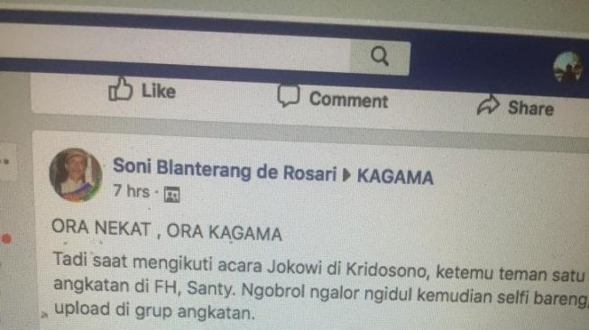 Ora nekad ora kagama (facebook/soni blanterang)