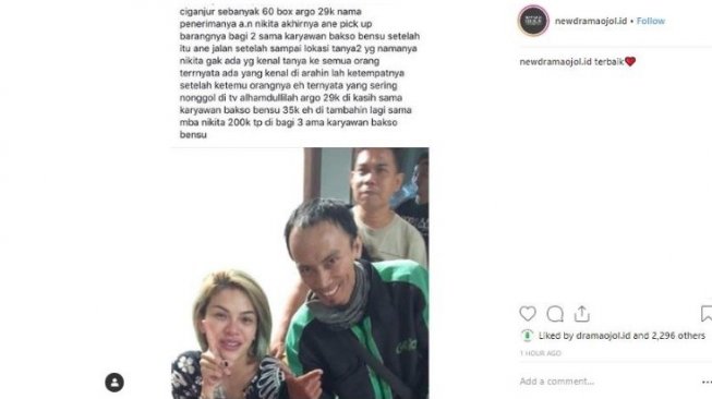 Nikita Mirzani berpotret bersama pengantar pesanan ojol [Instagram: @newdramaojol.id].