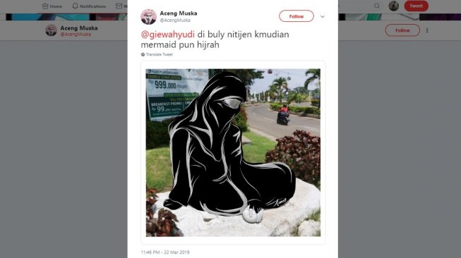 Meme patung Putri Duyung di Ancol. [Twitter]