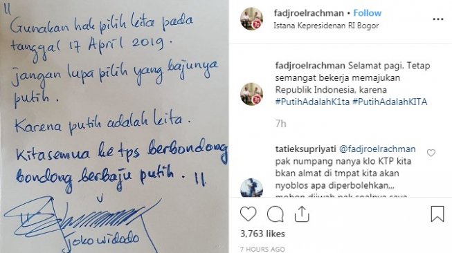 Tulisan tangan Jokowi (Instagram)