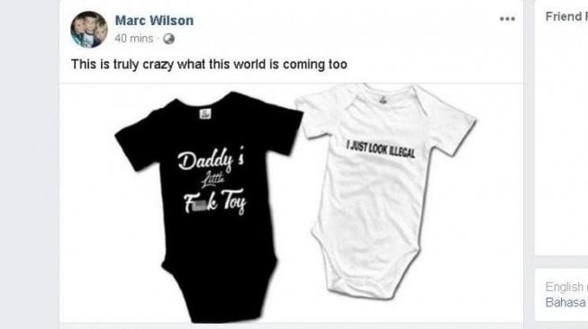 Baju bernada pedofil yang terpajang di situs Amazon (Facebook/Marc Wilson)