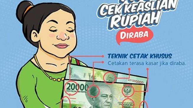 Mengecek keaslian uang dengan cara diraba.