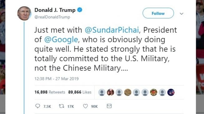 Pertemuan Donald Trump dan Sundar Pichai. [Twitter]