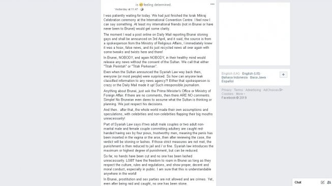 Unggahan warganet Brunei Darussalam soal 'hoaks rajam gay' - (Facebook)