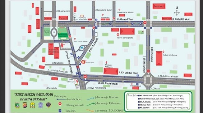 Rute uji coba satu arah di Kota Serang. (Suara.com/Yandhi Deslatama)