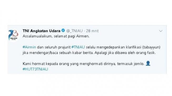 Cuitan TNI AU Ini Sindir Jomblo, Ditujukan ke Prabowo?