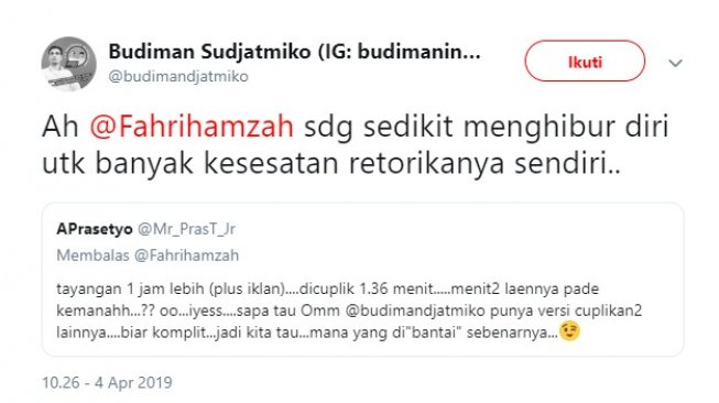 Usai Tampil di Mata Najwa, Budiman Sudjatmiko Twitwar dengan Fahri Hamzah