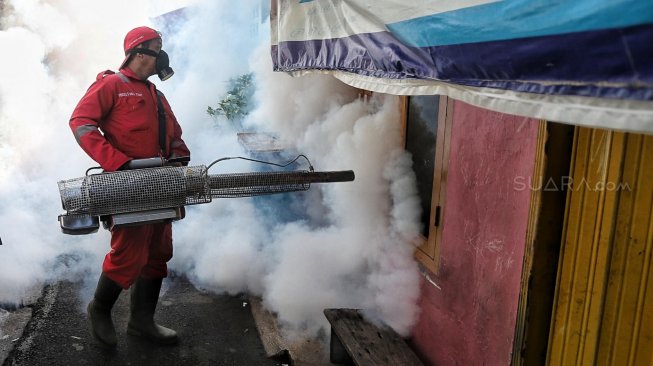 Petugas melakukan pengasapan (fogging) untuk memutus siklus hidup nyamuk aedes aegypti di kawasan Tebet, Jakarta, Jumat (5/4). [Suara.com/Muhaimin A Untung]