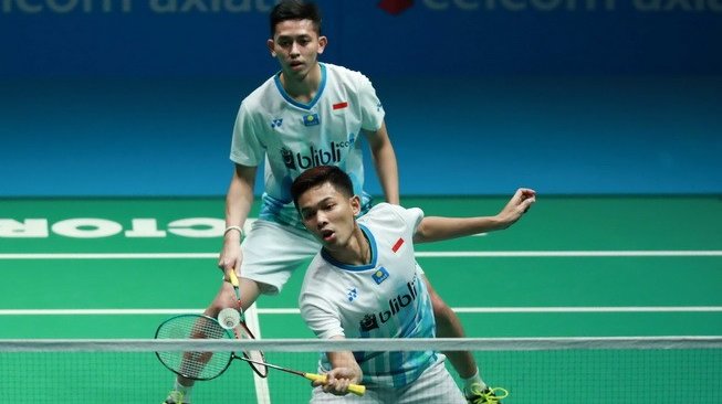 Pasangan ganda putra Indonesia, Fajar Alfian/Muhammad Rian Ardianto, mengalahkan kompatriotnya, Kevin Sanjaya Sukamuljo/Marcus Fernaldi Gideon, di babak perempat final Malaysia Open 2019, Jumat (5/4). [Humas PBSI]