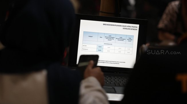 Rilis hasil survei LSI Denny JA bertema 'Pengaruh Caleg Menentukan Posisi Partai Politik' di Jakarta, Jumat (5/4).[Suara.com/Muhaimin A Untung]