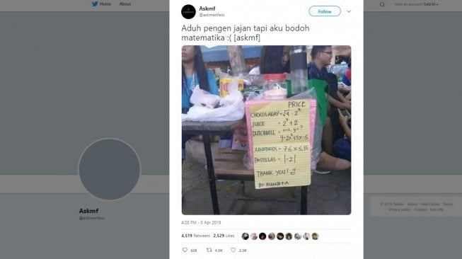 Jualan dengan harga soal matematika. [Twitter]