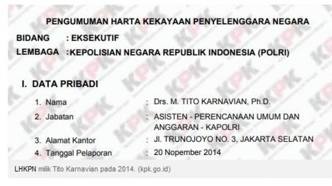 LHKPN milik Tito Karnavian pada 2014. (kpk.go.id)