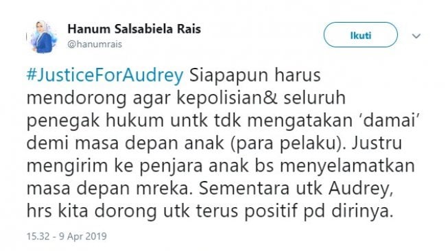 Hanum Rais: Tidak Ada Damai, Kirim Pengeroyok Audrey ke Penjara